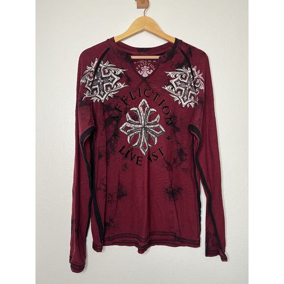 Affliction Maroon Black Long Sleeve Shirt Men’s Size Large Y2K Grunge - Picture 1 of 4